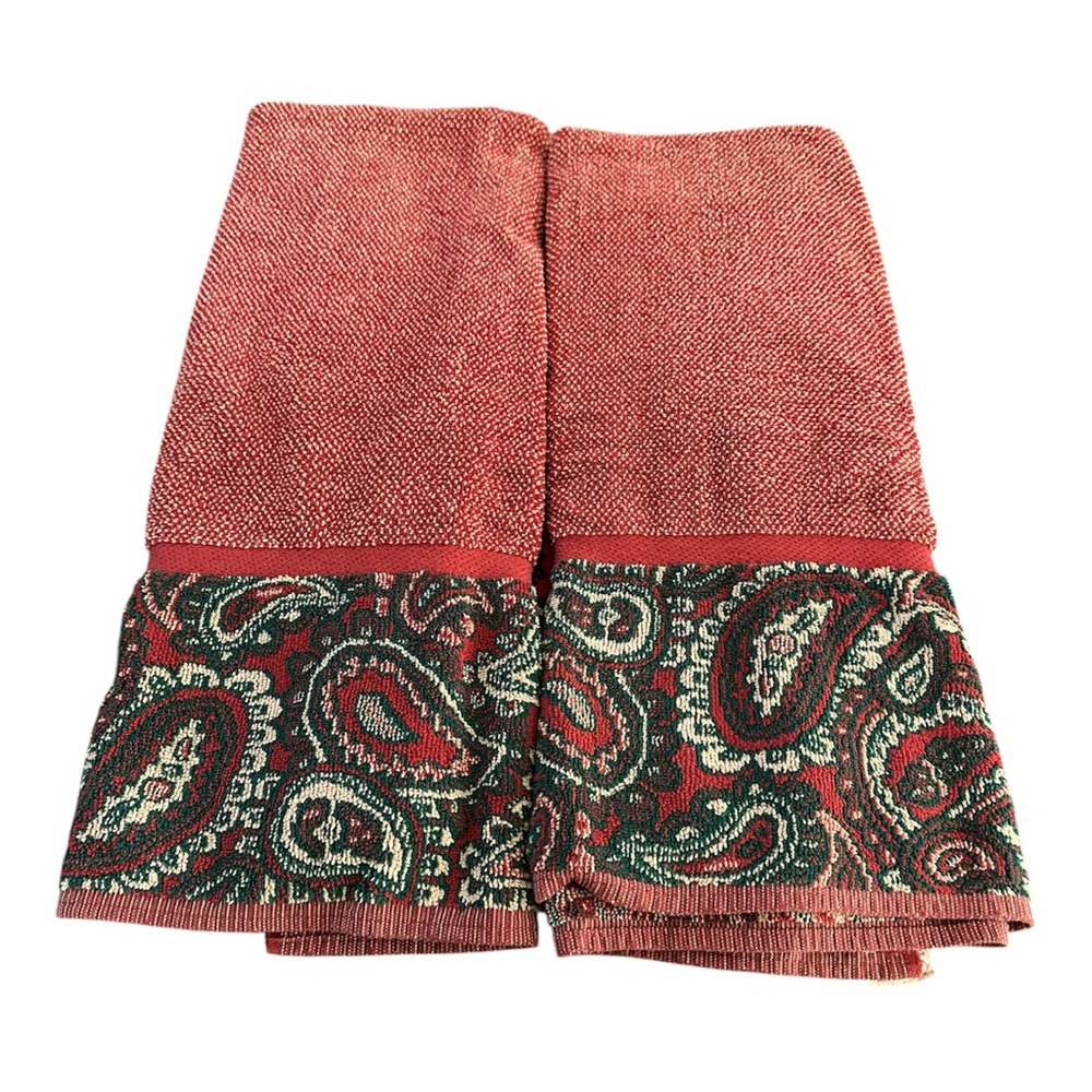 Vintage Fieldcrest Royal Velvet Reversible 2 Bath Towel Green Red Paisley Xmas